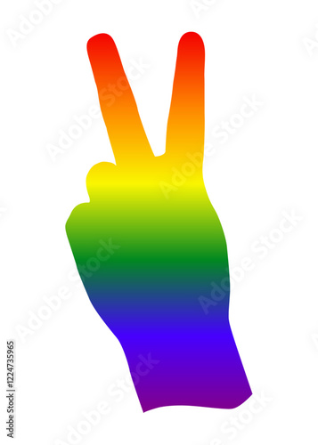 Logo lgbt. Mes del orgullo. Símbolo de la victoria. Silueta de mano mostrando dos dedos con degradado con los colores de la bandera arcoiris