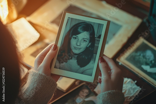 Person holding an old framed photograph in a nostalgic moment photo