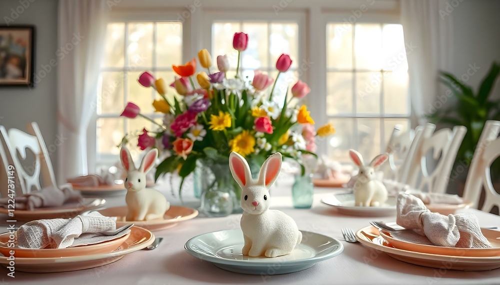 A beautifully set Easter table, ready for meals, decorated with Easter-themed ornaments and fresh flowers, creating a festive and inviting atmosphere for the holiday gathering. A beautifully set Easter table, ready for meals, decorated with Easter-themed ornaments and fresh flowers, creating a festive and inviting atmosphere for the holiday gathering.