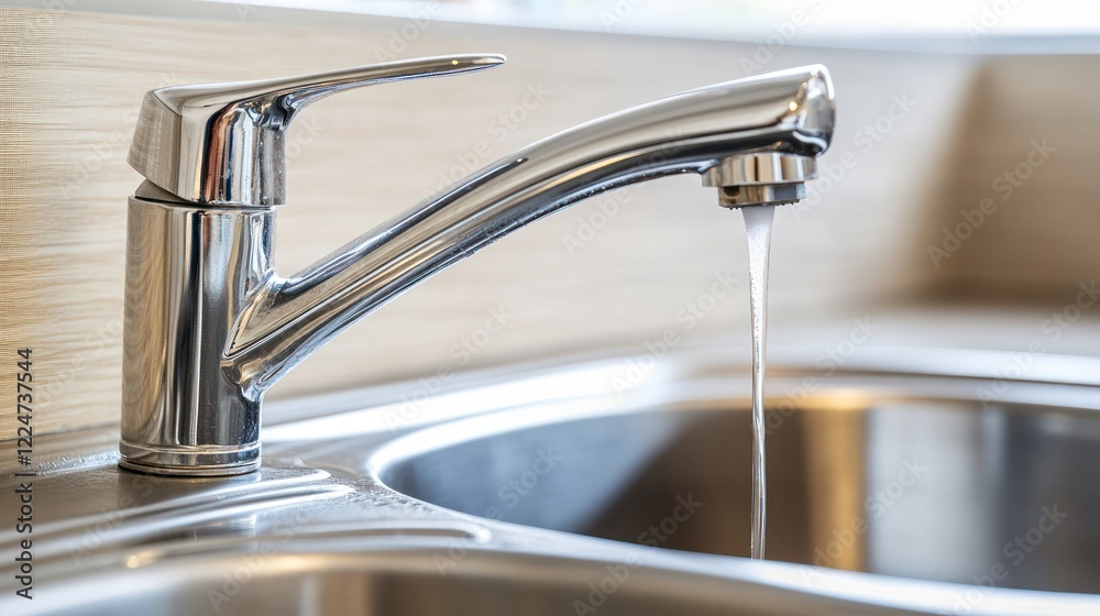 Modern chrome kitchen faucet with water flowing into a stainless steel sink Modern chrome kitchen faucet with water flowing into a stainless steel sink