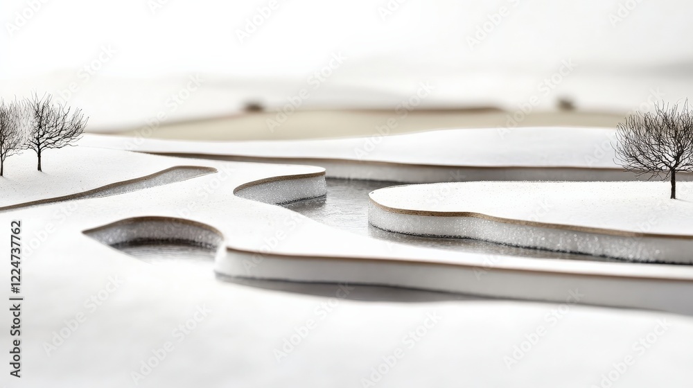 Fototapeta premium Serene winter landscape with flowing river and bare trees, showcasing tranquil nature scene