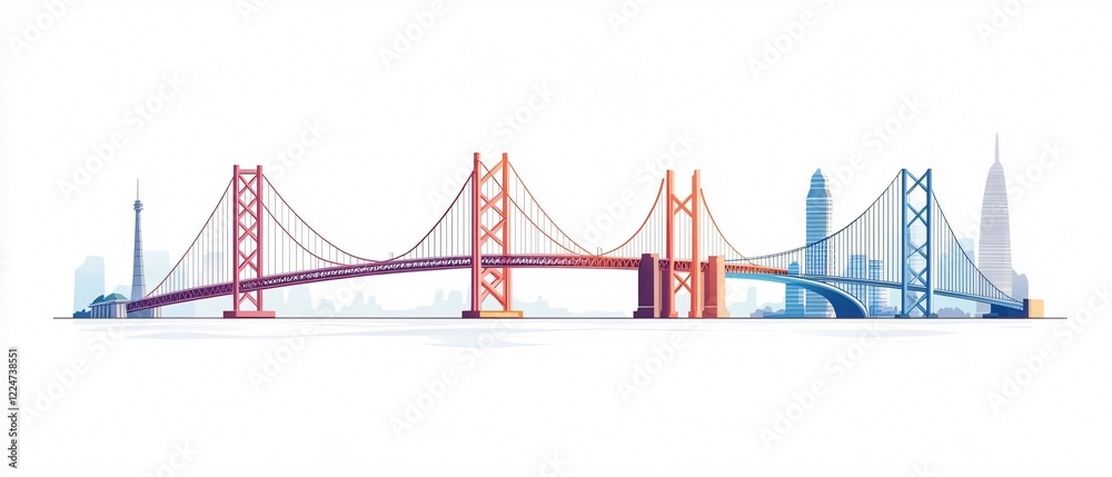 Obraz premium Iconic Suspension Bridge Illustration Featuring Three Famous Bridges for Creative Projects
