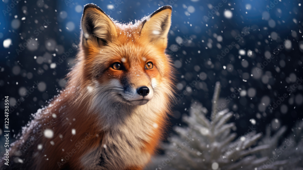 Fototapeta premium Fox in a snowy forest at night