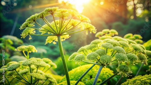Sunlight bathes blooming Angelica sinensis, its delicate flowers a close-up study in medicinal botanical beauty. photo