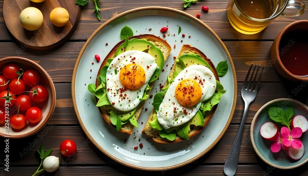 A delicious breakfast with eggs and fresh vegetables, served on a plate for a healthy and nutritious start to the day. A delicious breakfast with eggs and fresh vegetables, served on a plate for a healthy and nutritious start to the day.