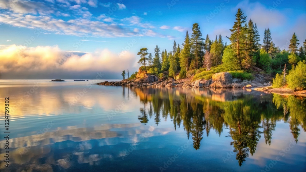 Fototapeta premium Reflections of Lake Superior with surrounding Minnesota and Wisconsin landscape