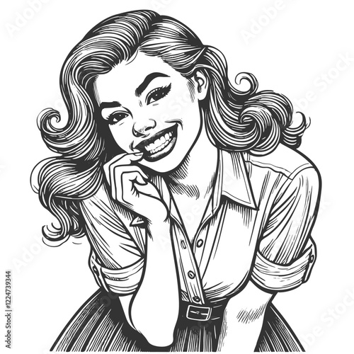 Playful smiling beautiful young woman flirty biting her finger sketch engraving generative ai fictional character vector illustration. Scratch board imitation. Black and white image.