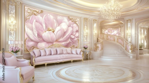 Elegant Pink Interior Design with Grand Staircase