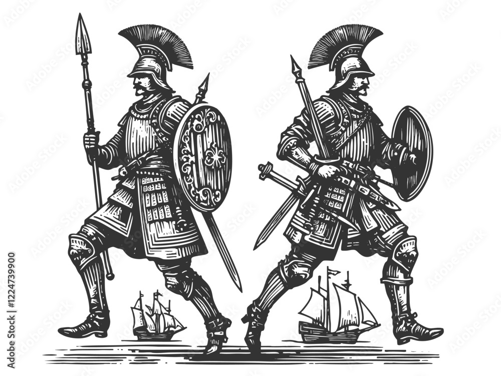 Obraz premium armored warriors with spears and shields standing over sailing ships, symbolizing power and protection sketch engraving generative ai vector illustration. Scratch board. Black and white image.