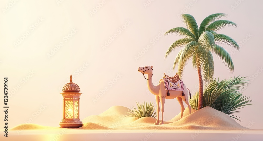 Obraz premium Serene Desert Scene with Camel, Lantern and Palm Tree at Sunset