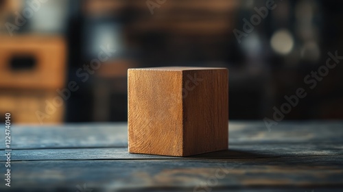 Rustic Wooden Cube on Dark Tabletop photo