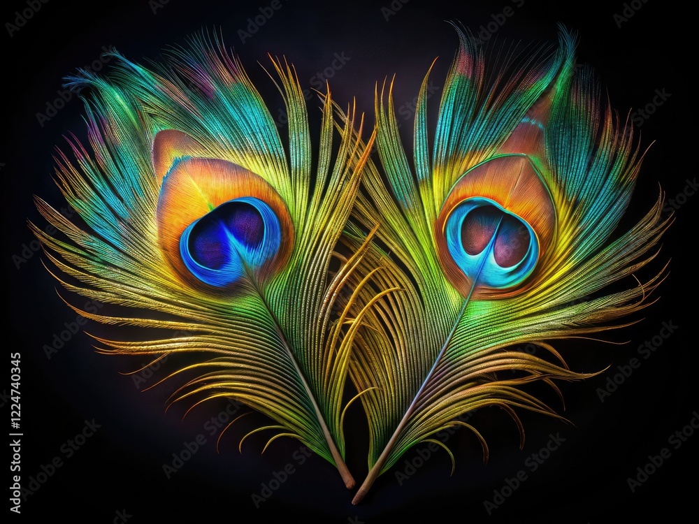 Obraz premium Velvet black backdrop showcases iridescent peacock feathers; top-down, low light captures nature's artistry.