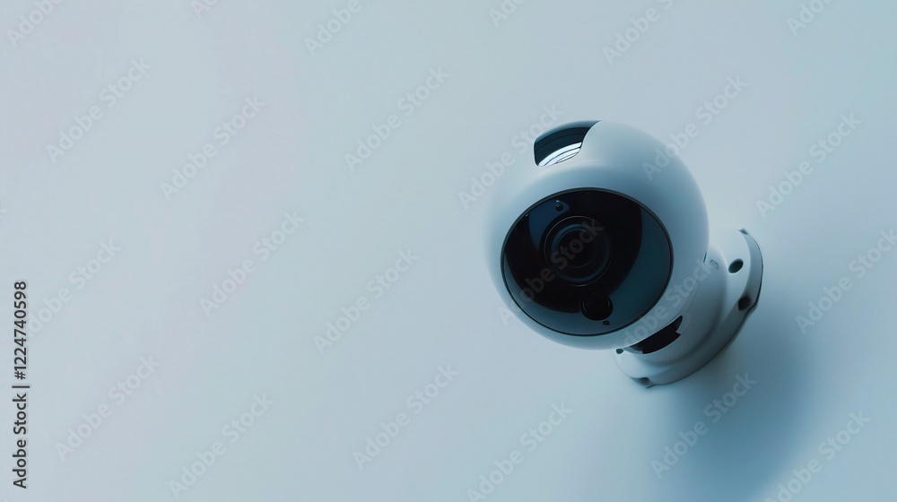A prominent surveillance camera set against a clean white background A prominent surveillance camera set against a clean white background