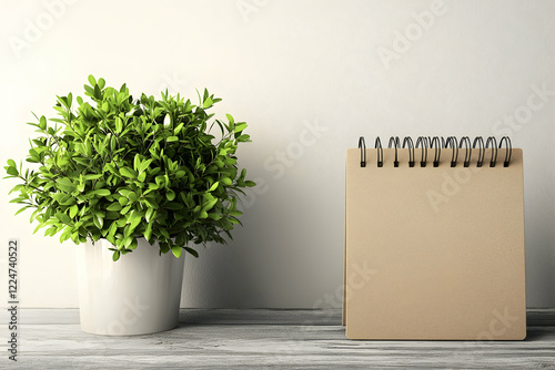 Blank Notepad and Potted Plant on Wooden Desk