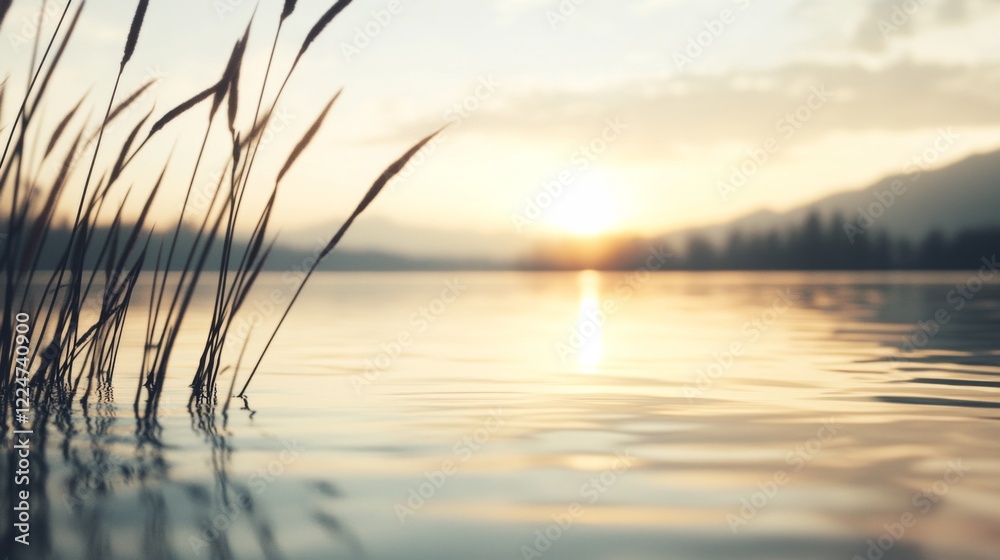 Serene sunset over calm lake, reeds in foreground.