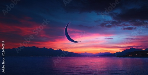 Serene Sunset Over Water with Crescent Moon and Colorful Skies photo