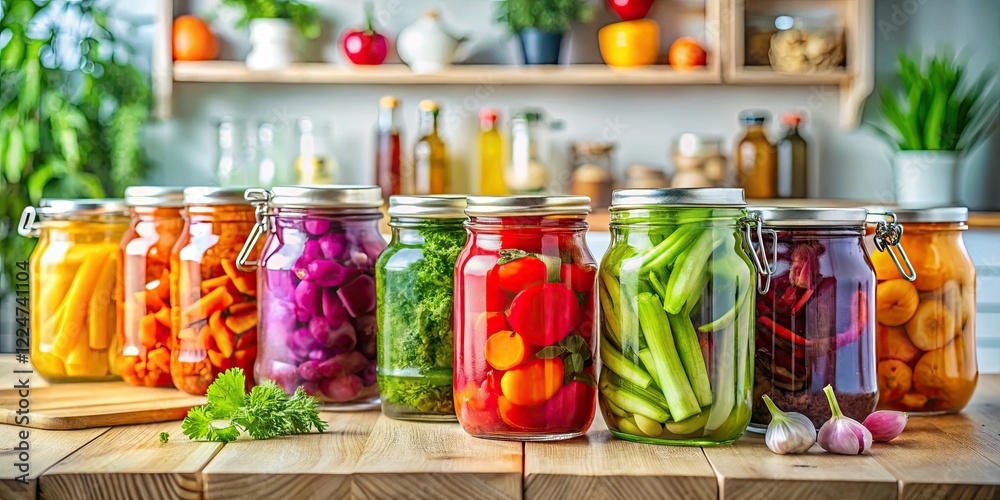 Vibrant pickled vegetables in minimalist jars brighten a kitchen counter. Vibrant pickled vegetables in minimalist jars brighten a kitchen counter.