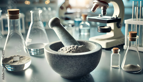 close-up of a pestle crushing gray powder in a mortar placed on the bench of a pharmaceutical laboratory