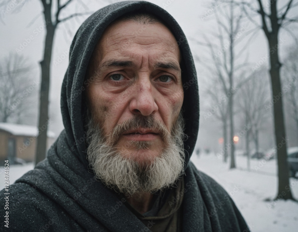 Cold winter day portrait of a man with a beard in a snowy urban environment. Generative AI Cold winter day portrait of a man with a beard in a snowy urban environment. Generative AI