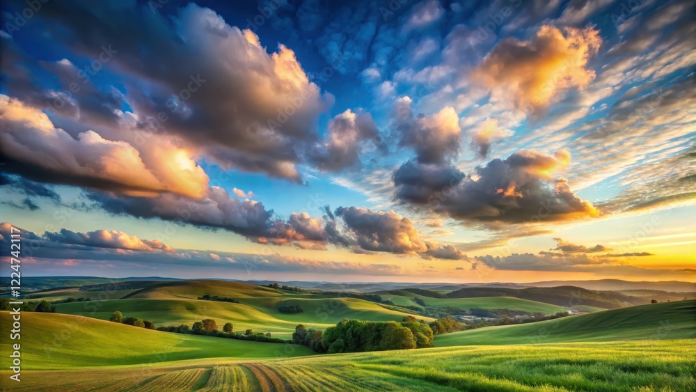 Obraz premium Serene twilight landscape with rolling hills and vast sky filled with soft, white clouds drifting lazily across the horizon