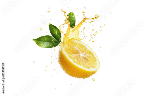 Lemon slice with juice splash and green leaves isolated on white or transparent, PNG photo