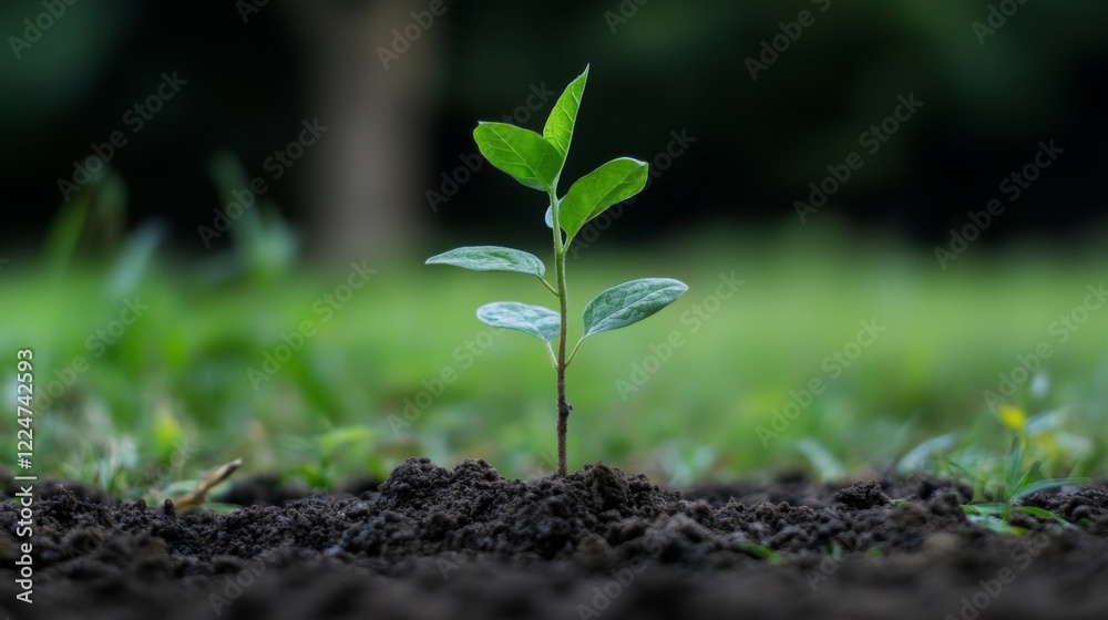 Fototapeta premium Small green sprout growing from dark soil in a lush green background.