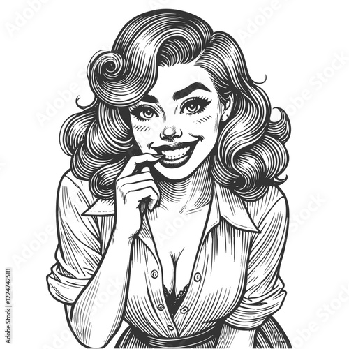 Playful smiling beautiful young woman flirty biting her finger sketch engraving generative ai fictional character vector illustration. Scratch board imitation. Black and white image.