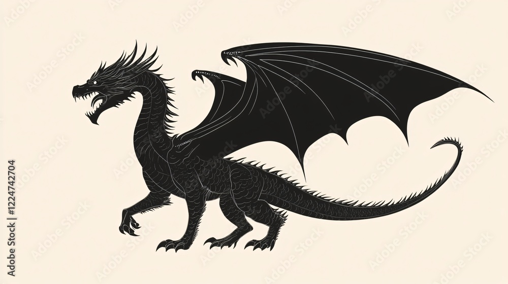 Fototapeta premium Majestic Black Dragon Silhouette Fantasy Creature Design in Beige - Premium Adobe Stock Image