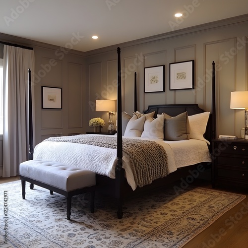 Wallpaper Mural A transitional bedroom with modern lighting and a classic four-poster bed. Torontodigital.ca