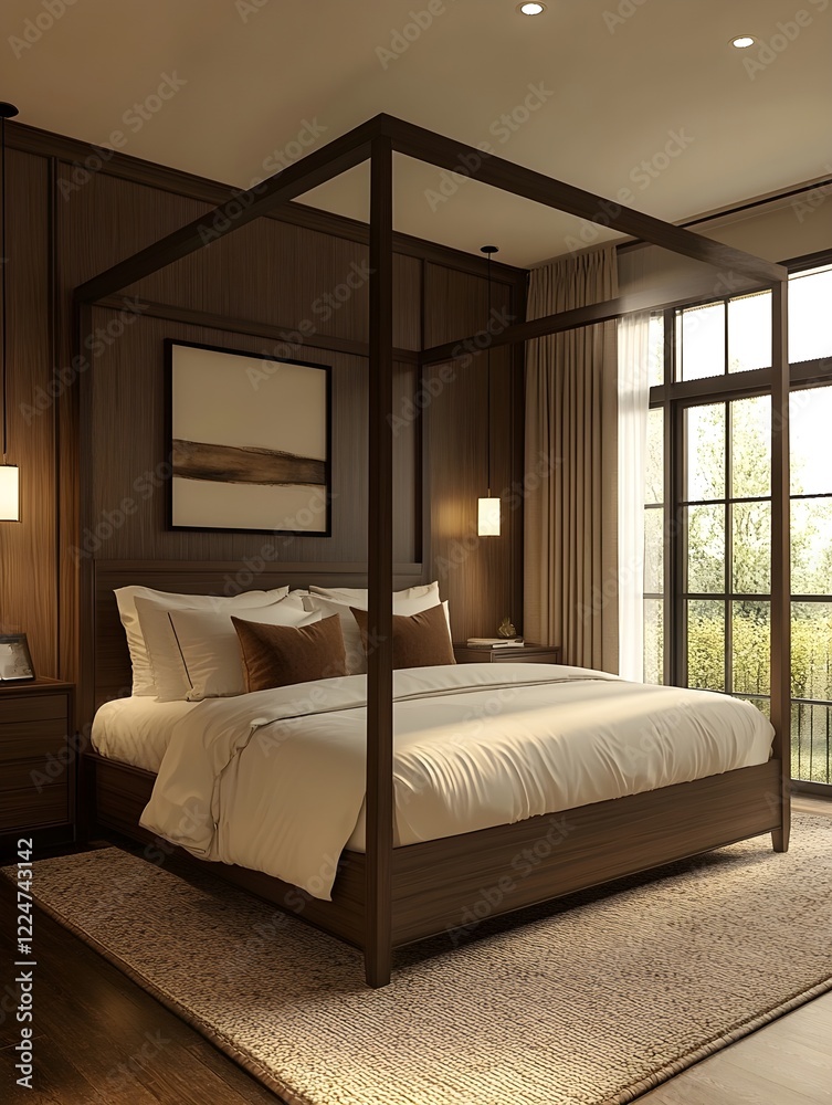 A transitional bedroom with modern lighting and a classic four-poster bed. A transitional bedroom with modern lighting and a classic four-poster bed.
