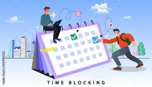 A concept of time management and planning for a vacation. A team organizes a schedule on a large calendar to achieve work-life balance and prepare for a holiday.