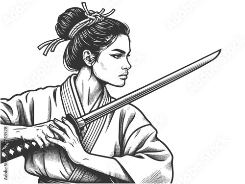 samurai woman in a kimono with katana, adorned with intricate details sketch engraving generative ai fictional character vector illustration. Scratch board imitation. Black and white image.