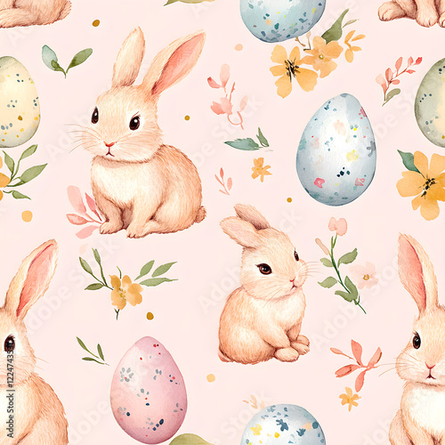 Peach bunny seamless pattern watercolor Easter eggs floral spring pastel design