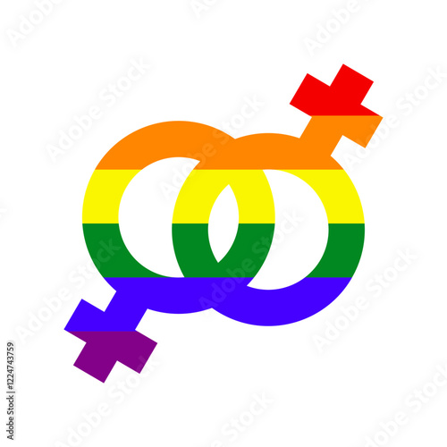 Logo lgbt. Mes del orgullo. Amor lésbico. Símbolos de género femenino entrelazados con los colores de la bandera arcoiris