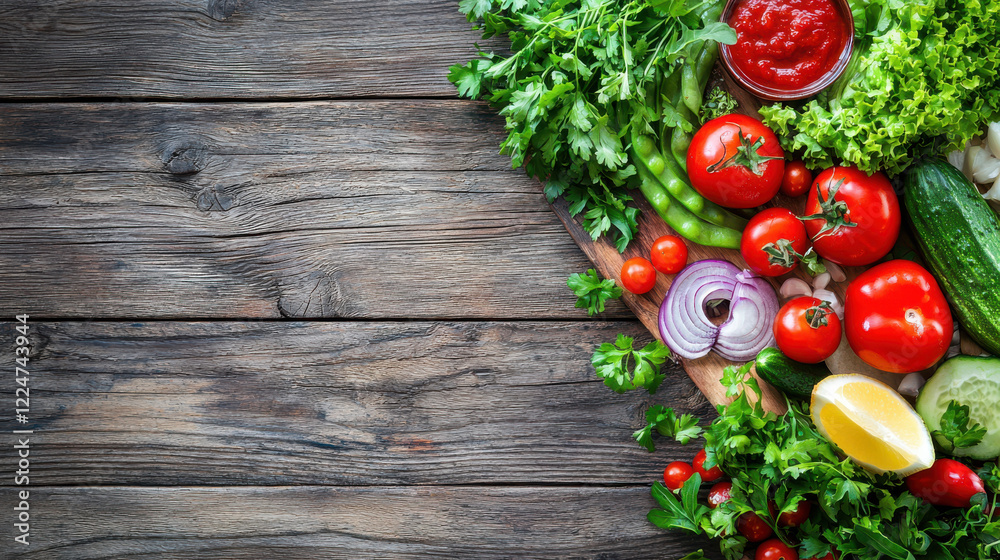 vibrant assortment of fresh vegetables and herbs on rustic wooden table vibrant assortment of fresh vegetables and herbs on rustic wooden table