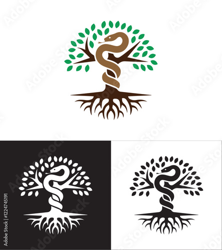 Black and White Tree Symbol with Serpent, Roots, and Branches, Representing Global Environmental Sustainability, Set Against a Clean White Background with a Touch of Color