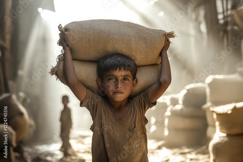 10 years old East Asia boy carries a heavy sack of grain on his shoulders, the warehouse is surrounded by dusty air. Concept: child labor, Exploitation and Oppression  photo