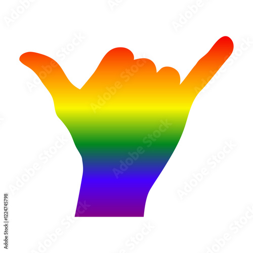 Logo lgbt. Mes del orgullo. Silueta de mano con señal shaka. Mano con símbolo hang loose con degradado con los colores de la bandera arcoiris