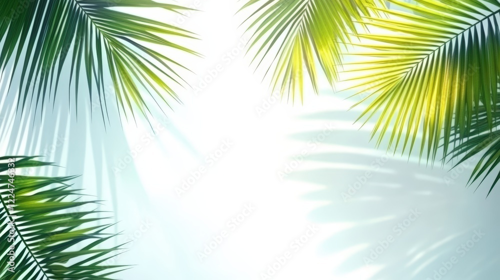 Obraz premium Realistic shadow of palm leaves on bright surface. Tropical palm leaf silhouette for layering. Coconut foliage cut-out element for seasonal design aspects