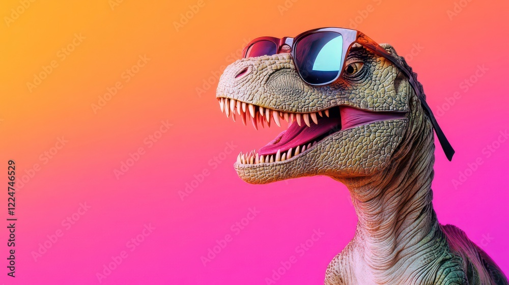 Fototapeta premium Cool dinosaur wearing sunglasses on vibrant pink and orange background