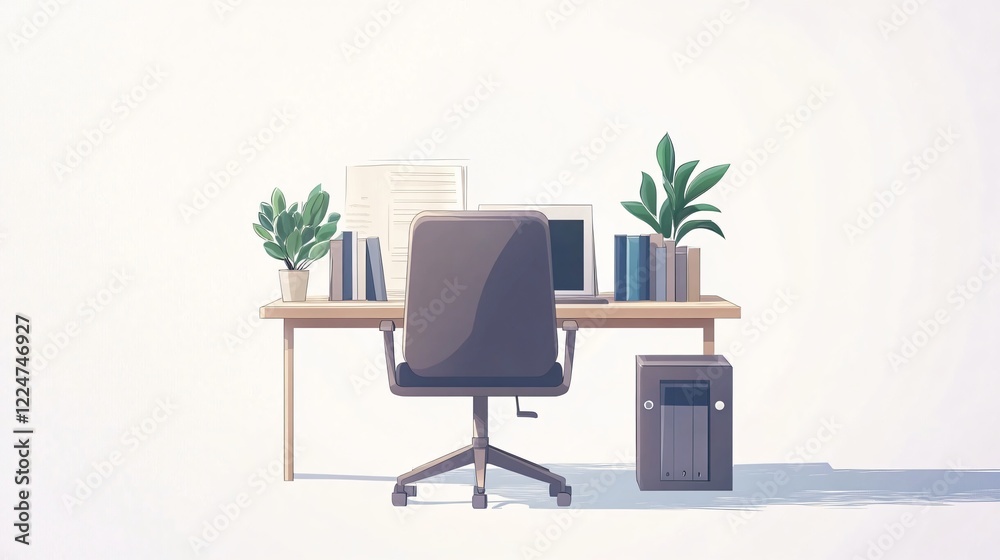 Fototapeta premium Modern Workspace Setup with Office Chair, Desk, Books, Plant, and Laptop Vector Illustration