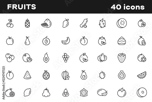 Fruits icon set. Set of outline fruit icons. Strawberry icon, orange, watermelon, coconut, avocado and lemon icons. Solid icon collection. Vector illustration.