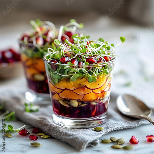 Beautifully presented mini salad cups with microgreens, crunchy pumpkin seeds, and tangy pomegranate dressing. A delicious, colorful dish perfect for fine dining and food photography. photo