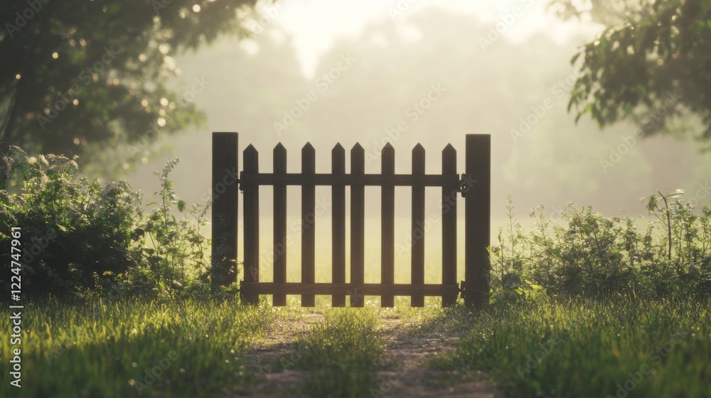 Obraz premium Wooden gate in misty field at sunrise.