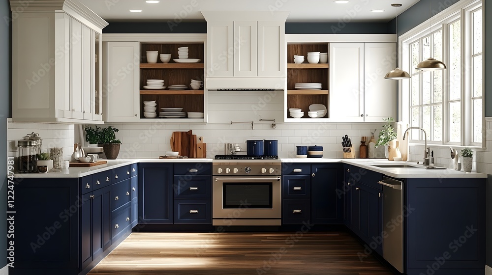 Fototapeta premium A two-tone kitchen with upper cabinets in white and lower cabinets in navy blue.
