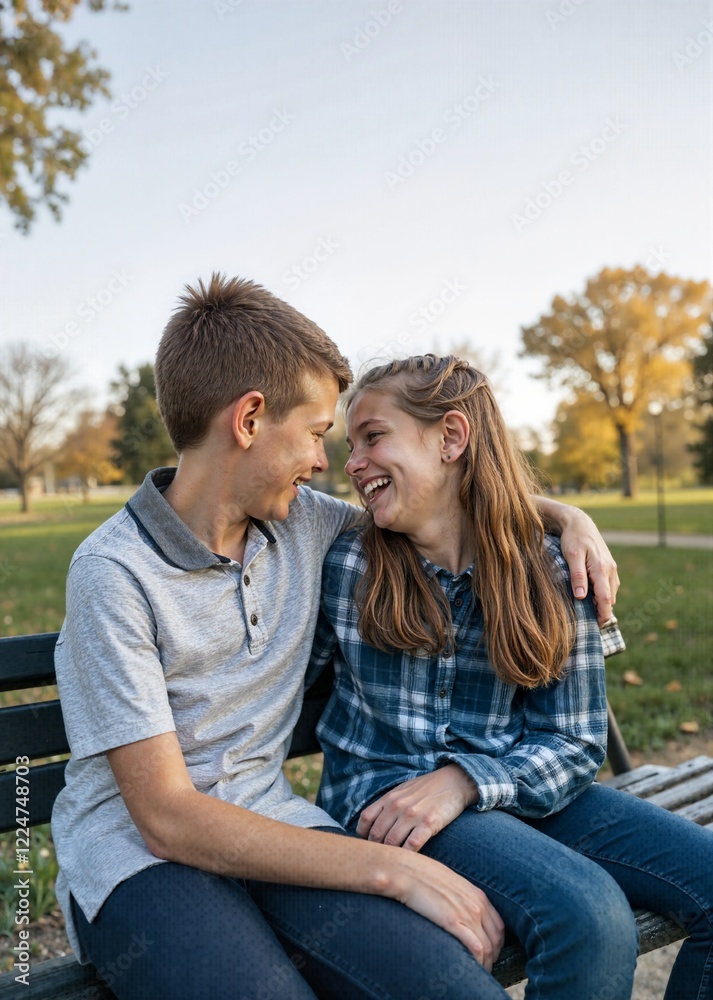 Brother and sister enjoying time together on a park bench in autumn