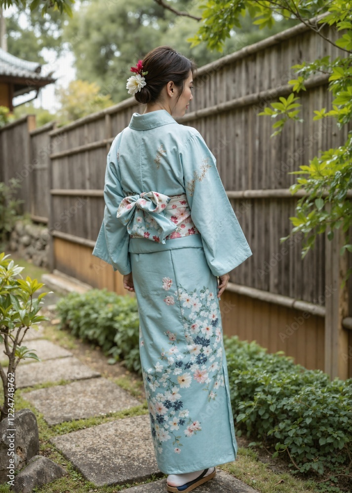 Woman in yukata kimono walking in traditional Japanese garden during Obon festival Woman in yukata kimono walking in traditional Japanese garden during Obon festival