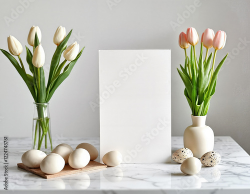 Minimal postcard design for Easter décor. Blank card in pastel Easter setting. Copy space