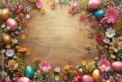 Glossy shinny Intricate golden Glossy shinny Intricate golden Easter poster and blank banner template on wooden background without text , on the extreme right third of an image, rule of thirds