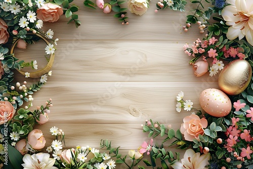 Glossy shinny Intricate golden Glossy shinny Intricate golden Easter poster and blank banner template on wooden background without text , on the extreme right third of an image, rule of thirds